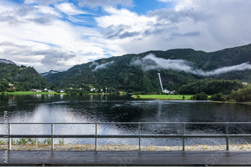 Beautiful lake and natural landscape along a road in Hordaland county near Bergen, Norway photo