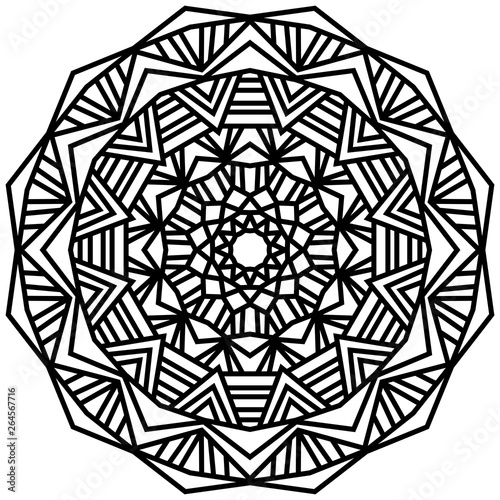 Geometric mandalas. Coloring book page. Zigzag ornament. Round element for design. Decorative ornament. Sketch for tattoo. Ethnic Fractal Mandala. Graphic element.