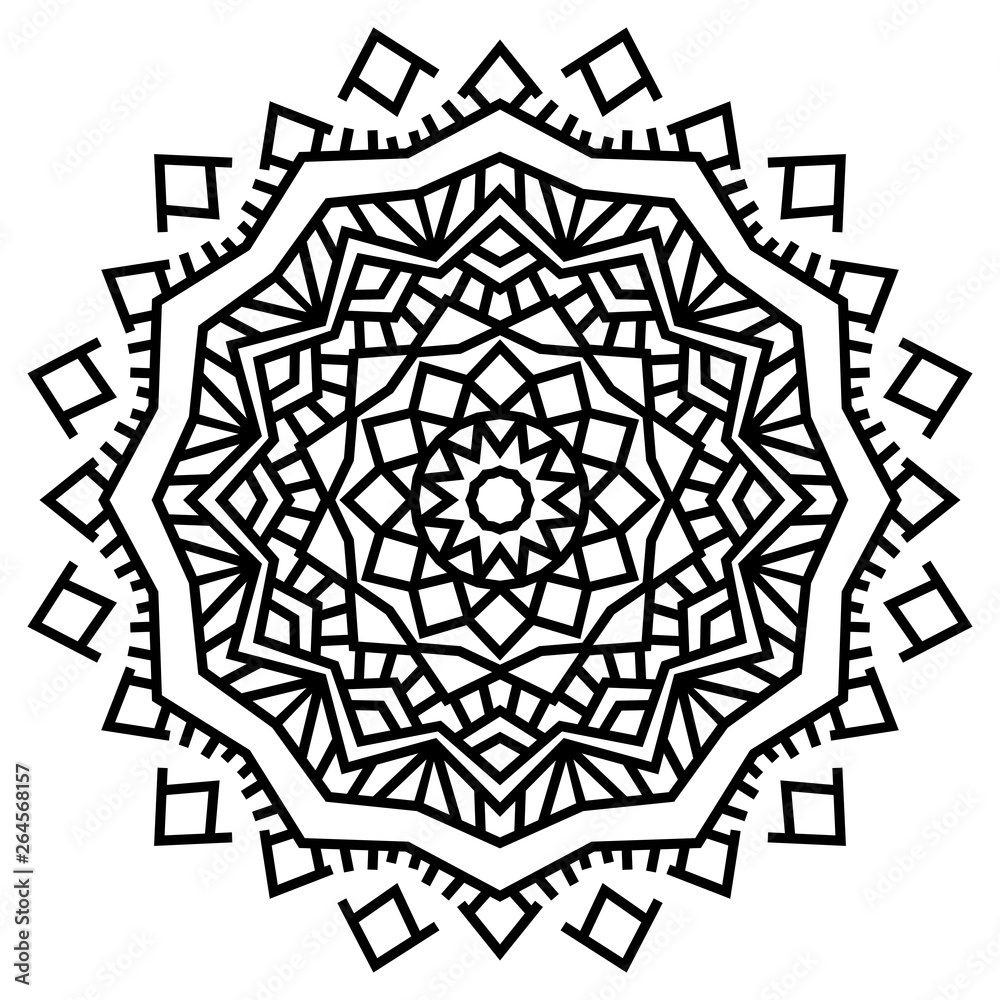 Geometric mandalas. Coloring book page. Zigzag ornament. Round element for design. Decorative ornament. Sketch for tattoo. Ethnic Fractal Mandala. Graphic element.