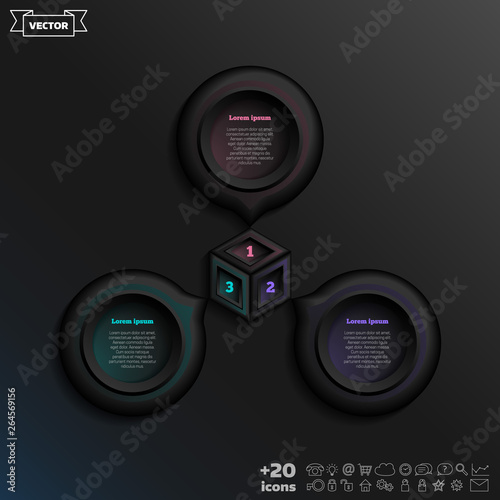 Vector infographic design with colorful circle on the black background. Business concept. 3 options, parts, steps. Can be used for graph, diagram, chart, workflow layout, number options, web