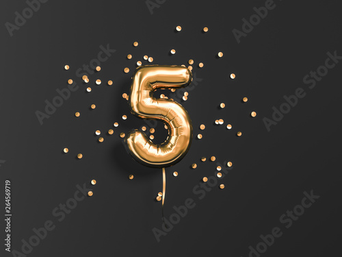 Five year birthday. Number 5 flying foil balloon and gold confetti on black. Five-year anniversary background. 3d rendering