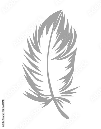 Plumage on white background. Vector isolated plume. Feather contour. For logo, icon, sign, emblem, fabric and clothes design, wallpaper, scrapbooking, stamp, cliche, bed linen, wrapping paper.
