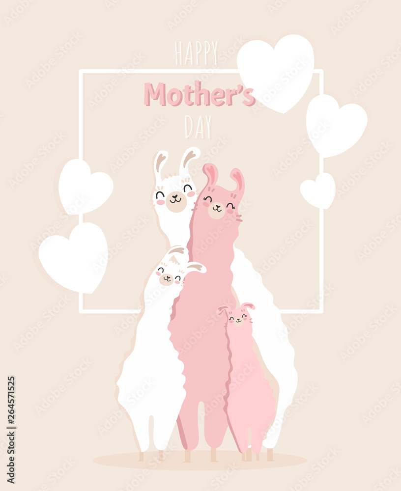 Happy mother's day picture with Llama family. Best mom, mum ever cute feminine design for menu, flyer, card, invitation, typography. Vector illustration. Happy mother's day picture with Llama family. Best mom, mum ever cute feminine design for menu, flyer, card, invitation, typography. Vector illustration.