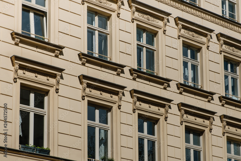 windows on apartment building facade,    old building , Germany
