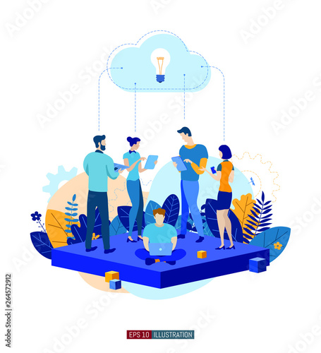 Trendy flat illustration. Office workers planing business mechanism, analyze business strategy and exchange ideas.Template for your design works. Vector graphics.