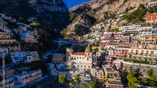 aerial view of the touristic city, the mountains and the beach, hotels and restaurants, buildings, business tours, sea holidays, luxury apartments Positano, Amalfi, Italy