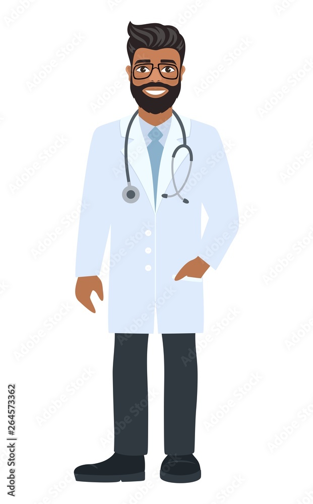 Cheerful male doctor doctor with glasses and a stethoscope. Smiling man in medical uniform. Cartoon character on white background. Vector illustration in a flat style.