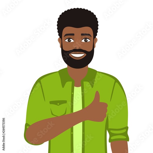 Happy smiling man shows thumbs up. Gesture, symbol or sign Like, cool, agree, approve. Bearded dark-haired guy with brown eyes in a shirt. Cartoon positive character on white background. Vector image.
