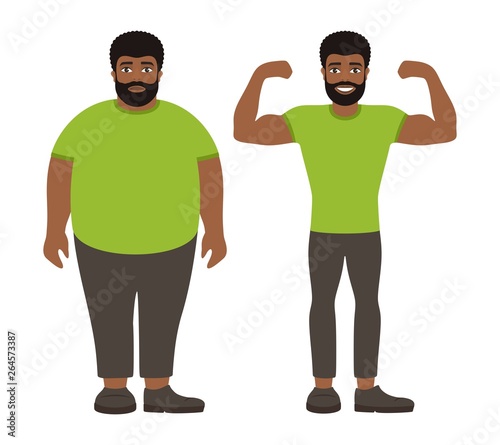 Sad fat and happy healthy slim afro man. Weight loss lifestyle, body care. Obesity problem. View before and after diet and sport. Cartoon characters on white background. Flat vector illustration.