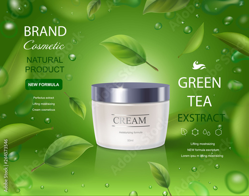 Green tea cream ads with leaves flying on bokeh green background vector