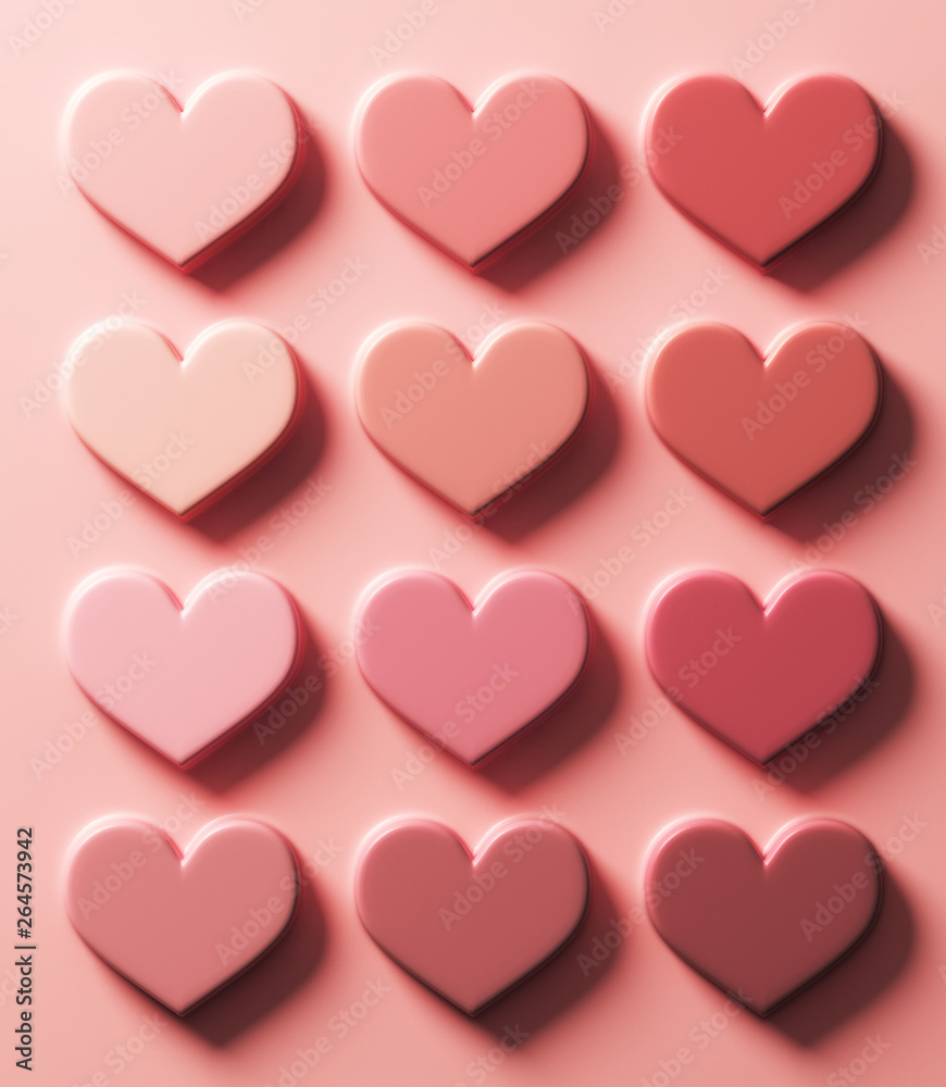 Samples of lipstick, blush, eyeshadow in the shape of a heart. Smears of lipstick. Cosmetic smears of liquid. 3D illustration. Samples of lipstick, blush, eyeshadow in the shape of a heart. Smears of lipstick. Cosmetic smears of liquid. 3D illustration.