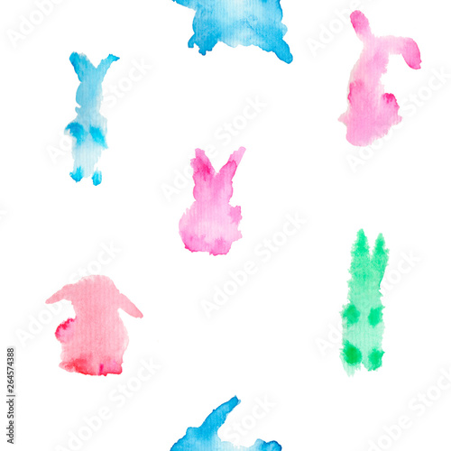 Watercolor seamless pattern with colorful rabbits