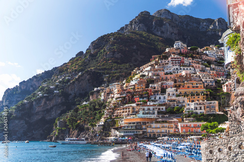 Villas in Positano close up  town at Tyrrhenian sea  Amalfi coast  Italy  hotel and hostel concept  sea with ships and boats  travel vacation concept