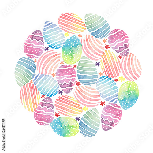 Watercolor round shaped background with easter eggs. 