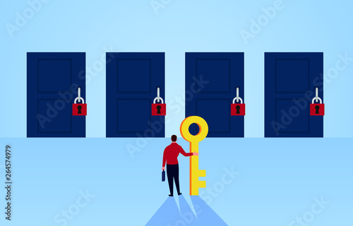 Choice and opportunity, businessman holding a key in front of the locked four doors