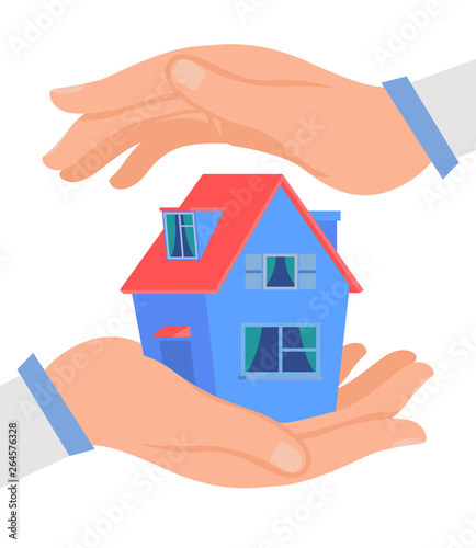 Hands Protecting Cottage Flat Vector Illustration