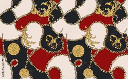 Print with gold chains and tassels and baroque leaves. Fabric design. Vector seamless pattern.