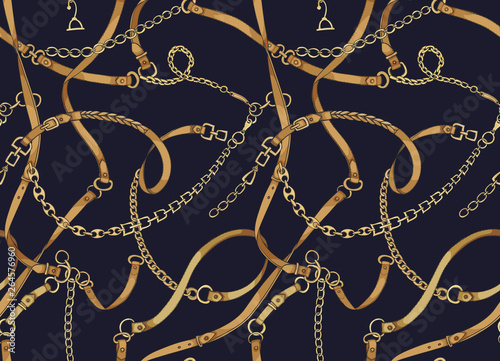 Gold chains and belts. Vector seamless pattern. 