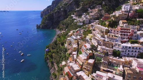 aerial Villas in Positano close up, town at Tyrrhenian sea, Amalfi coast, Italy, hotel and hostel concept, sea with ships and boats, travel vacation concept