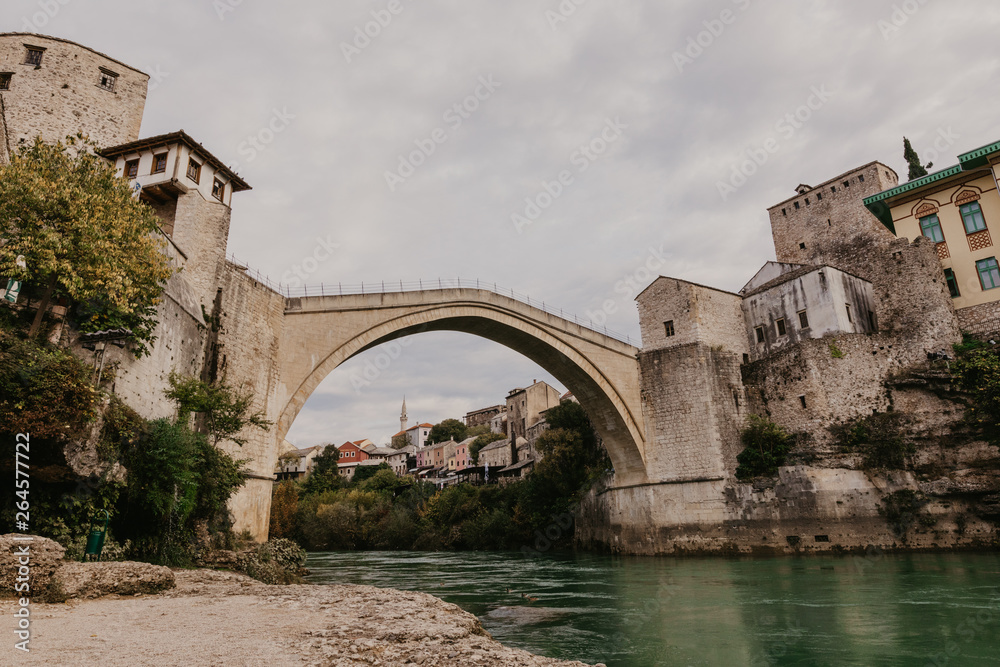 The Old Bridge in Mostar with emerald river Neretva. Bosnia and Herzegovina