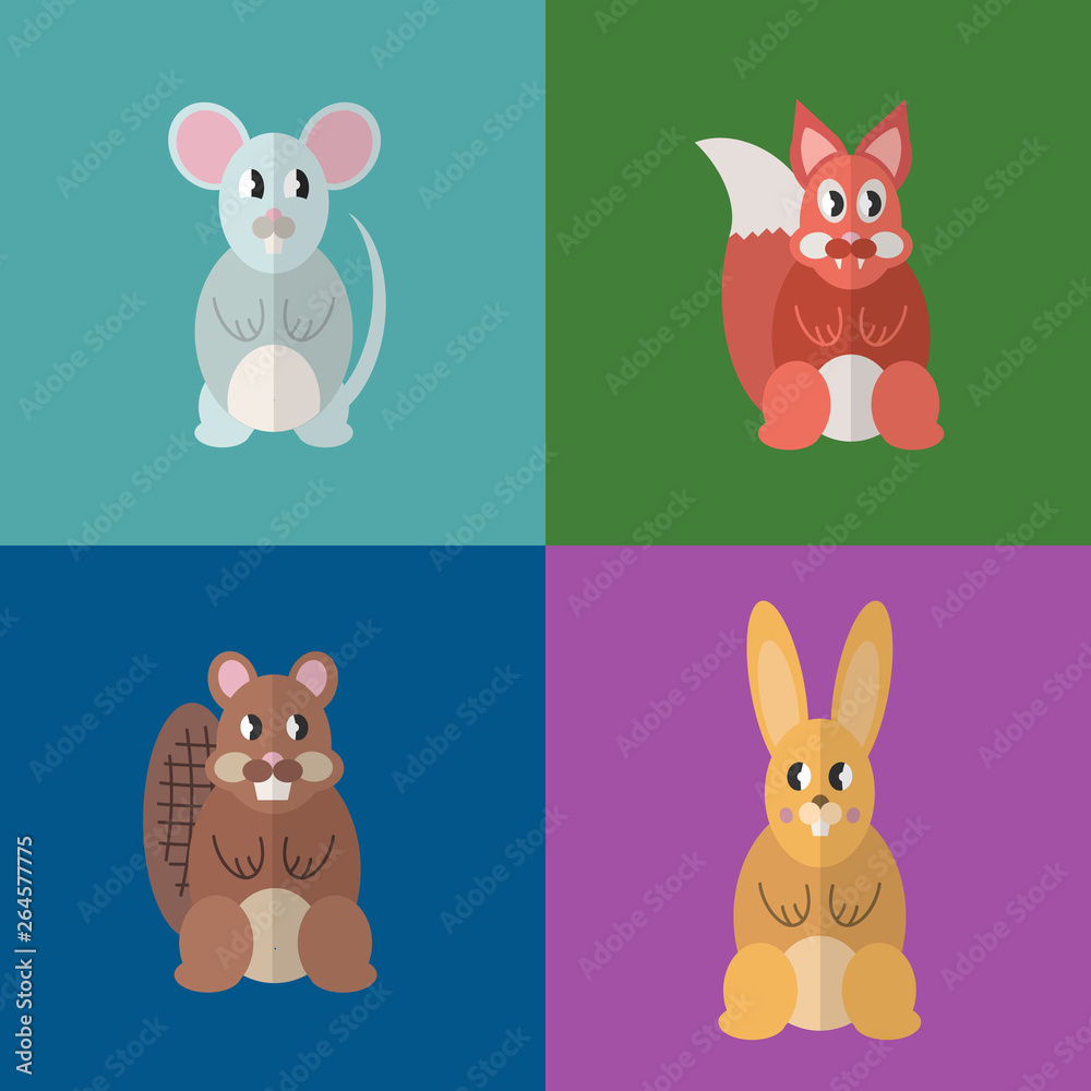 Flat design style, beaver, mouse, fox, rabbit. Vector illustration. Flat design style, beaver, mouse, fox, rabbit. Vector illustration.