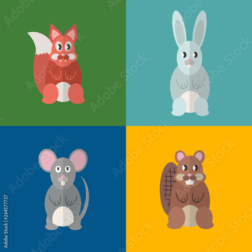 Flat design style, beaver, mouse, fox, rabbit. Vector illustration.