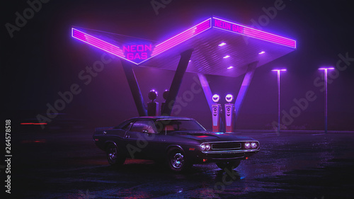 Neon gas station and retro car. Cyberpunk fog rain and night. Colour reflections on asphalt. Dodge Challenger 3d illustration photo