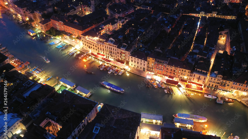 Aerial drone top view photo of small Canal near Rialto bridge, Venice, Italy