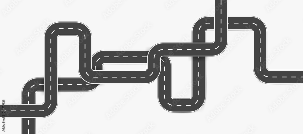 Road design element. Asphalt road with turns. Winding road isolated on white background. Vector illustration. Road design element. Asphalt road with turns. Winding road isolated on white background. Vector illustration.