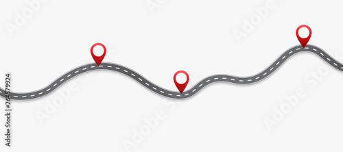 Infographic design template with place for your text. Asphalt road with three pin on it. Vector illustration.