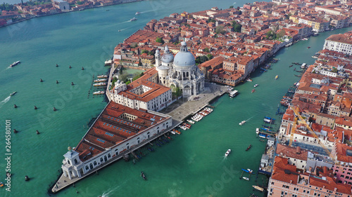 Aerial drone photo of iconic and unique Santa Maria Della Salute Cathedral in Grand Canal, Venice, Italy