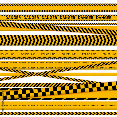 Black and yellow police stripe border, construction, danger caution seamless tapes vector illustration set © arabel0305