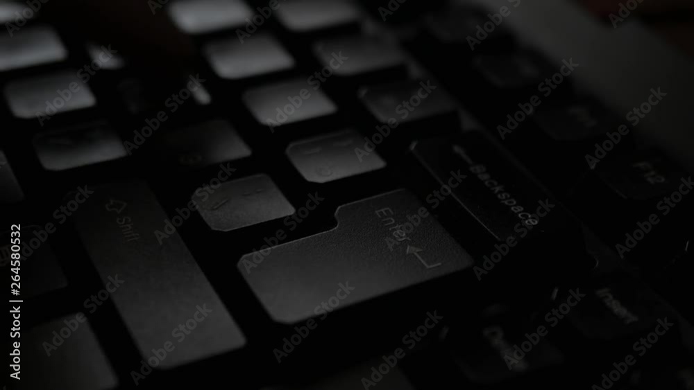 Working on computer, typing on keyboard, press enter. Men's hands print
