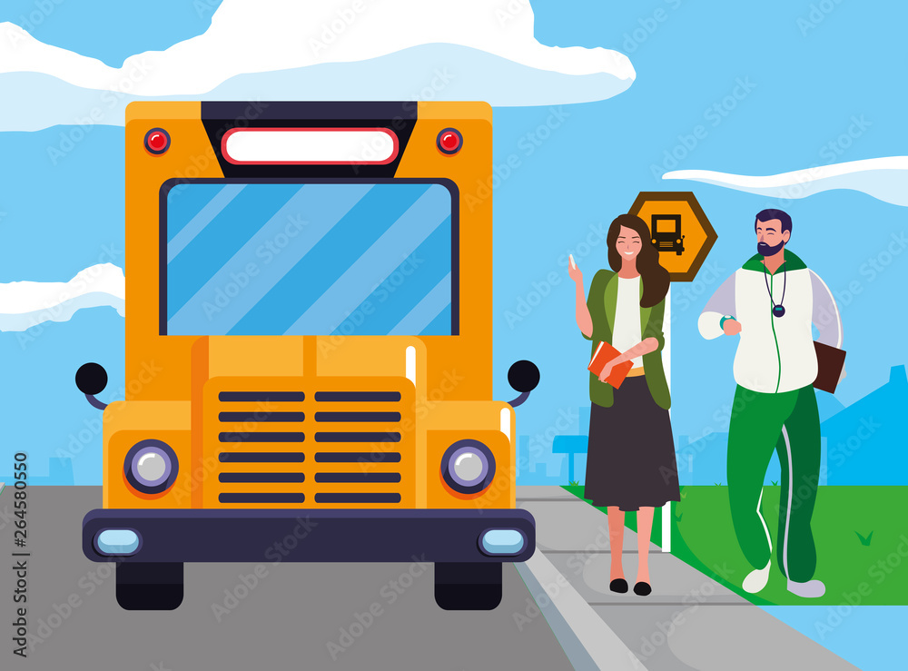 sports and woman teachers in stop bus sports and woman teachers in stop bus