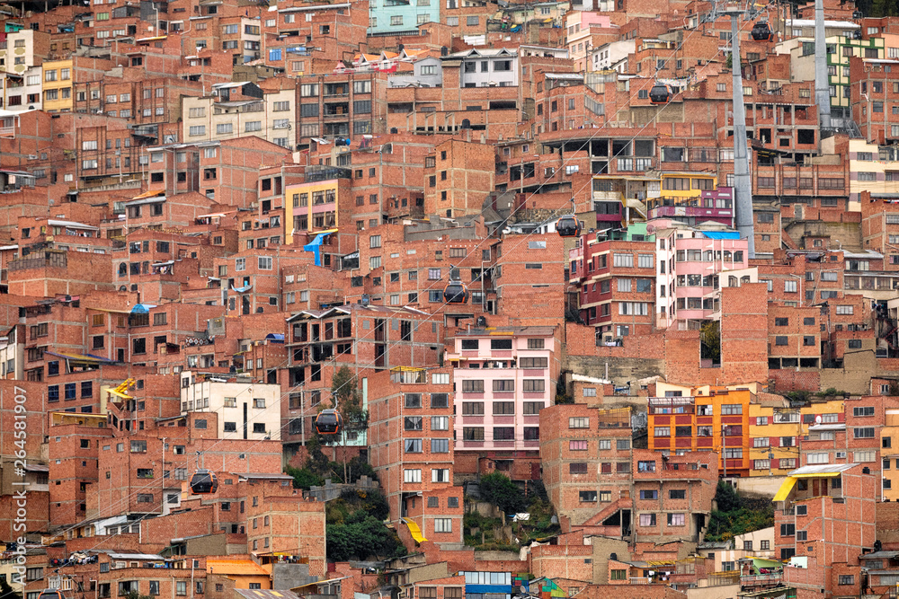 Aerial cable car system and buildings (stone jungle) in La Paz. Bolivia