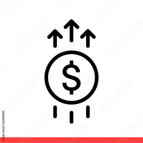 Money increase vector icon, growth dollar symbol. Simple, flat design on white background