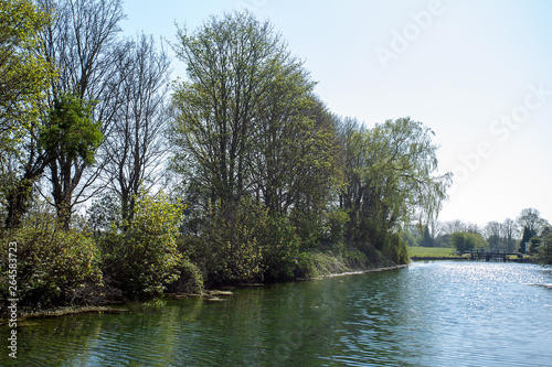 River stream canal with lock and trees river bank english spring