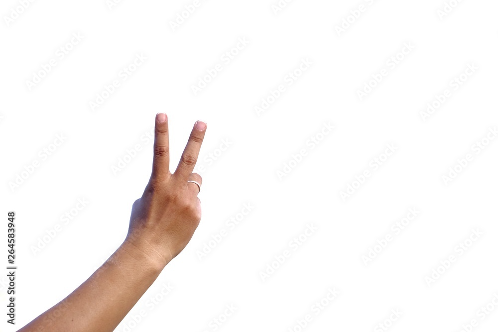 Female hand with a body language of V-sign on white isolated background Female hand with a body language of V-sign on white isolated background