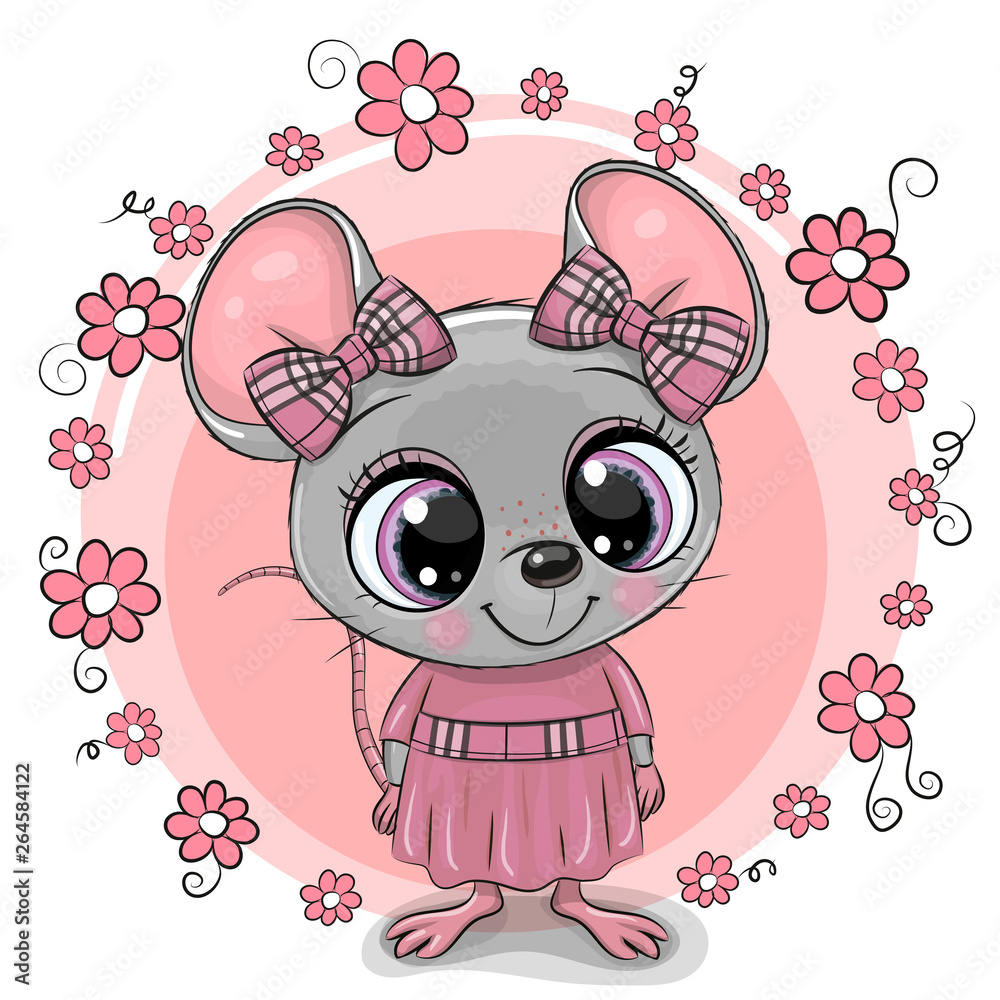 Greeting card Cartoon Mouse with flowers Greeting card Cartoon Mouse with flowers