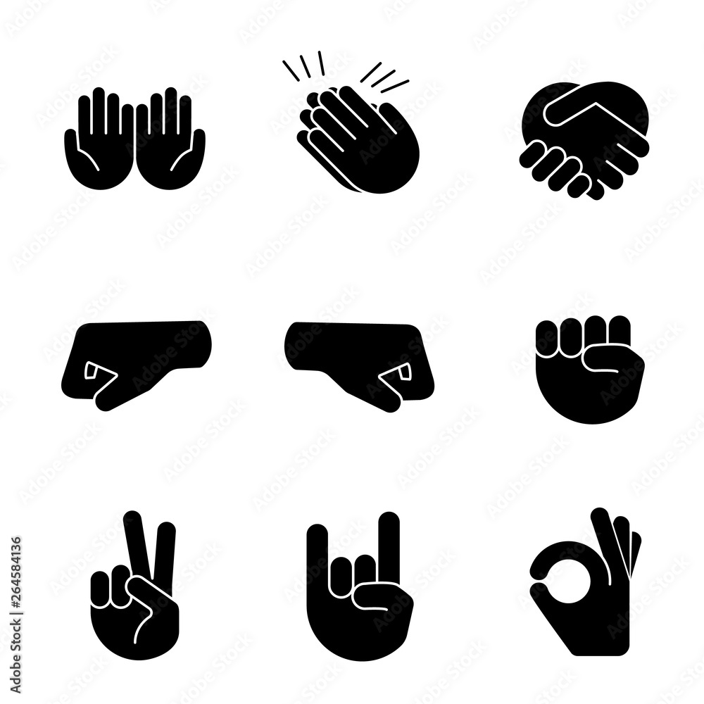 Fototapeta premium Hand gesture emojis glyph icons set