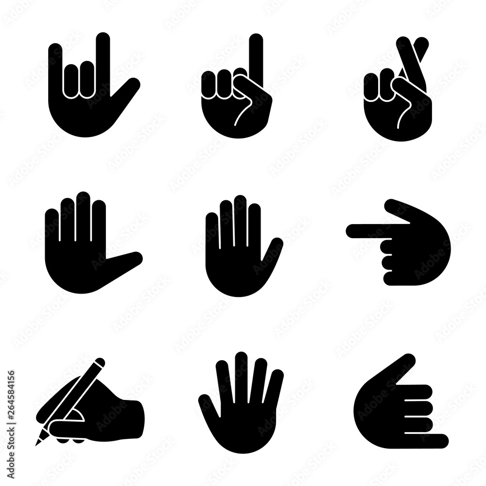 Fototapeta premium Hand gesture emojis glyph icons set