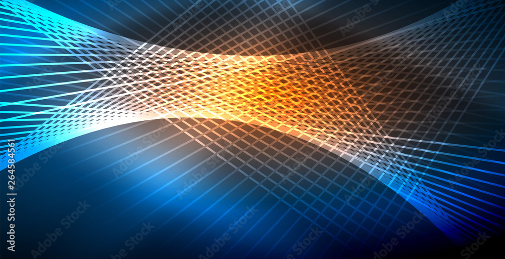 Neon glowing techno lines, blue hi-tech futuristic abstract background template with lights