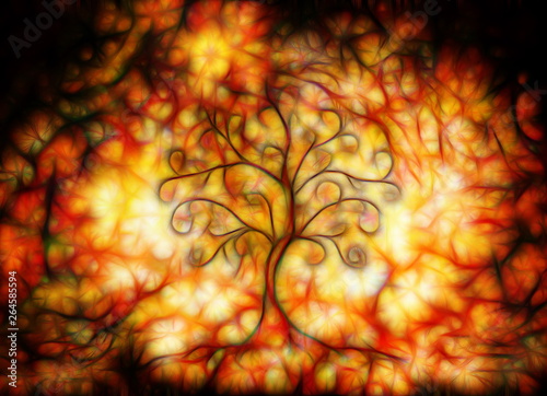 tree of life symbol on structured ornamental background, yggdrasil. Fractal effect. photo