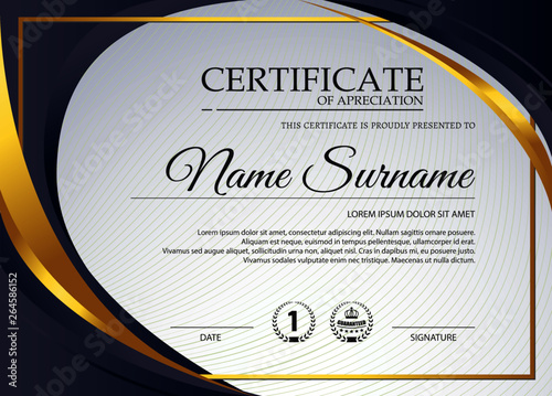 creative certificate of appreciation award template with blue and golden shapes and badge.