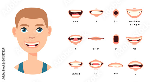 Cartoon talking mouth and lips expressions vector animations poses. Accent and pronunciation speak, tongue and articulate illustration