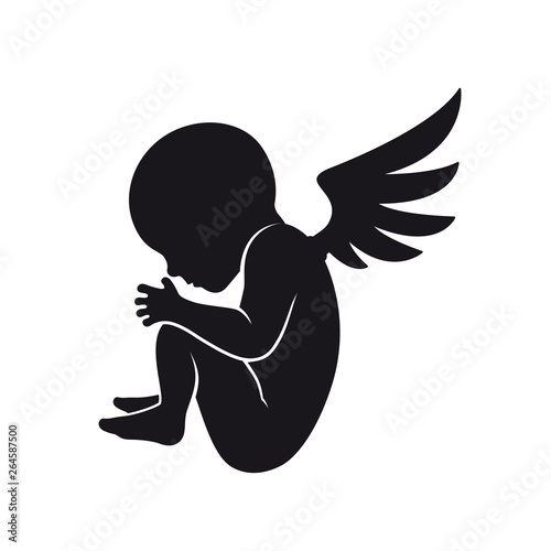 Vector silhouette naked baby with wings. Isolated on white background.