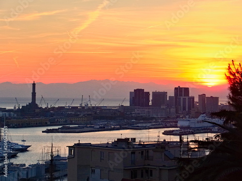 Aerial view on the Genoa city center from Castelletto Viewpoint at sunset, accessible via one of the city's public elevators