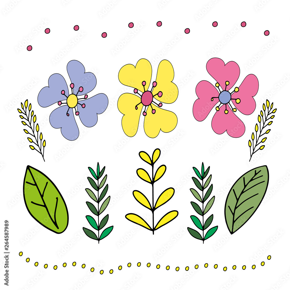 Fototapeta Ilustracja wektorowa w stylu doodling. Rysunek odręczny. Streszczenie różowe, żółte, niebieskie kwiaty. Ładny design do dekoracji. Na białym tle