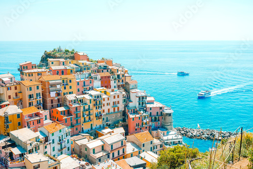 Amazing view of the beautiful village of Manarola in the Cinque Terre Reserve. Liguria region of Italy.