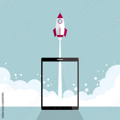 The rocket was launched on a tablet. Isolated on blue background.